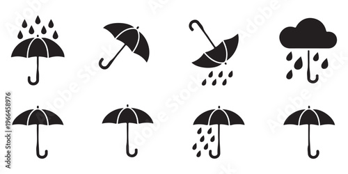 Set of 8 umbrella and rain icons vector collection in solid style for web design, app, UI, software, and other design projects