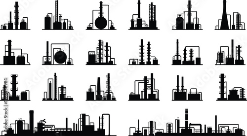 Industrial factory and refinery silhouettes set with pipelines, tanks and chimneys, vector collection for energy, manufacturing and petrochemical industry design