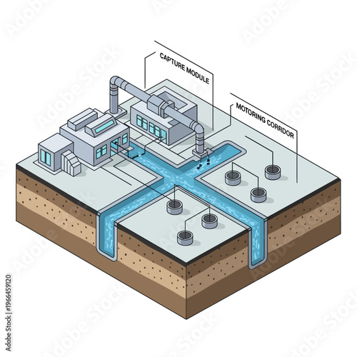 Diagram illustrating a carbon capture and storage system with a capture module and monitoring corridor.