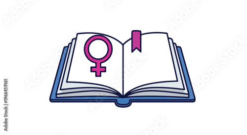 Illustration of an open book with a pink female symbol on the left page and a blue outline on a white background.