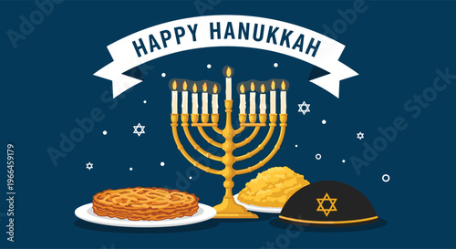 Happy hanukkah celebration banner featuring a lighted menorah traditional latkes sufganiyot and a black kippah with gold star.