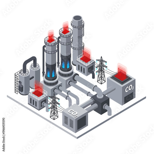 Isometric illustration of a modern industrial power plant with advanced technology for carbon capture and emission control.