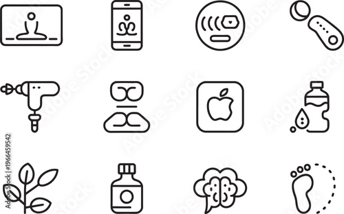 This extensive collection of modern outline icons features diverse symbols representing wellness, technology, health, and everyday essential items for digital design.