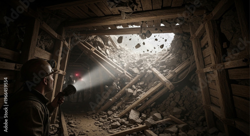 Man with flashlight in collapsed mine tunnel, exploring danger.