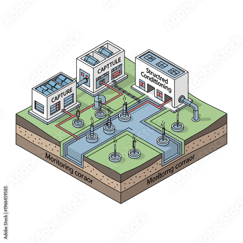 Diagram illustrating a carbon capture and storage system with multiple capture units, a structured conditioning facility, and monitoring sensors integrated into the environment.