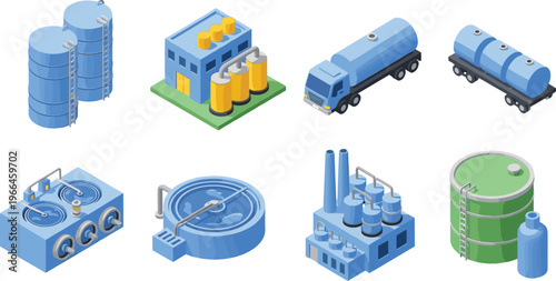 Isometric industrial oil storage and processing facilities with tanks pipelines tanker trucks refinery equipment and fuel transport logistics icons set