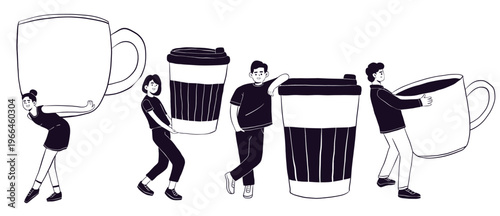 Flat vector illustration of people interacting with oversized coffee cups, including mugs and takeaway cups. Ideal for cafe branding, coffee shop promotions, lifestyle content, and beverage-related 