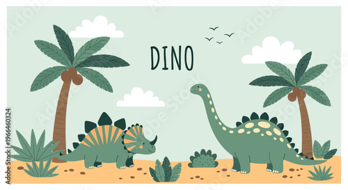 Cute prehistoric scene with a Stegosaurus and Brachiosaurus among palm trees and clouds under the word DINO in a soft pastel palette.