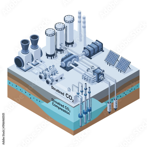 Diagram illustrating a carbon capture and storage (CCS) facility with CO2 compression and underground injection for environmental protection.