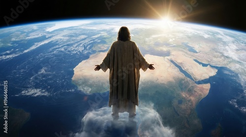 A divine figure in the clouds, with the Earth in the background, facing the sunlight. It evokes a sense of peace, spirituality, and hope. 