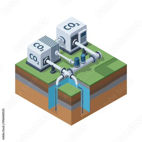 Illustration of a carbon capture and storage system, showing CO2 injection into underground geological formations.