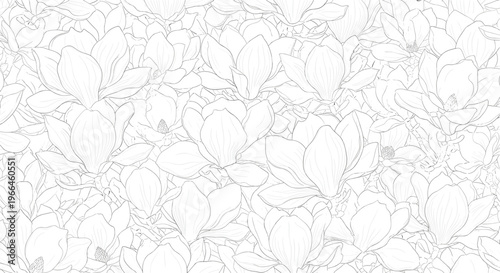 Dense monochromatic pattern of hand-drawn magnolia flowers in full bloom creating a sophisticated floral texture for textiles and wallpapers.