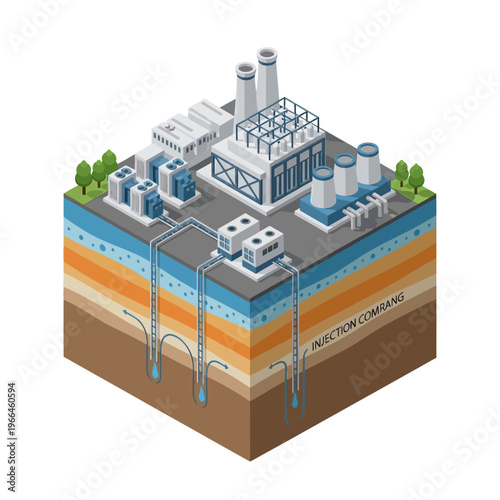 Cross-section illustration of a geothermal power plant with underground wells and injection facilities.