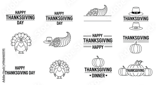 Comprehensive collection of Thanksgiving themed icons and typography including turkeys, pumpkins, cornucopias, and pilgrim hats in black line art.