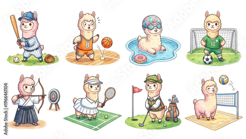 Set of funny cartoon cute Alpaca animals in playful sports vector style featuring smiling characters for kids toy illustration collection