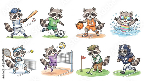  Set of funny cartoon cute Raccoon animals in playful sports vector style featuring smiling characters for kids toy illustration collection