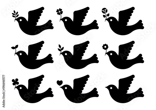 葉っぱや花を咥えた鳩の黒アイコンセット