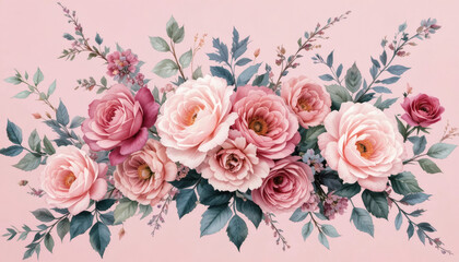 Watercolor floral pattern with roses, peonies, and eucalyptus leaves, soft pink background, romantic style