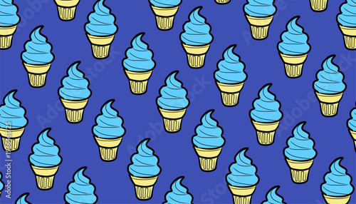 Ice Cream Pattern Design. Seamless Dessert Illustration. Sweet Frozen Treat Motif. Handdrawn Cute Style. Background For Packaging Textile