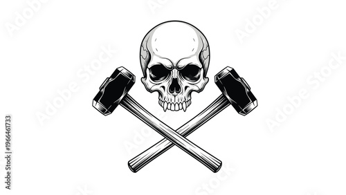 Powerful symbol of a human skull placed over two crossed sledgehammers in a detailed black and white industrial and biker style illustration.