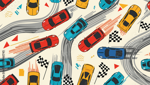 Exciting seamless pattern of colorful sports cars drifting on a race track with smoke and checkered flags for motorsport fans.