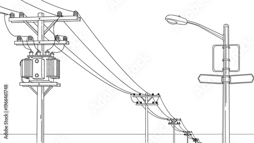 Minimalist black and white line drawing of electrical power lines with a transformer and a street lamp along a road perspective.