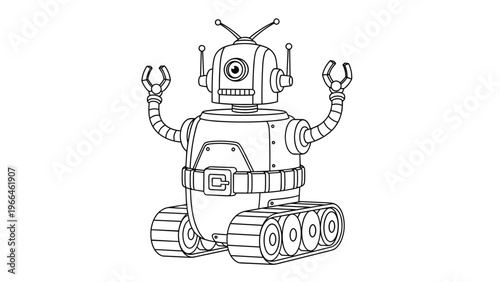 Classic sci-fi robot line art illustration on a white background featuring mechanical arms a dome head and tank tread wheels for movement.