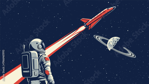 Epic pixel art scene of an astronaut standing on a moon and watching a red rocket launch into space past a planet with rings and stars.