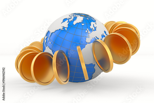 Globe and coins on white ba...