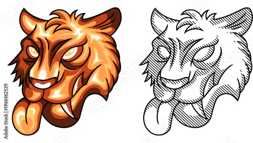 Vintage etching and modern sticker style panther mascot logo set.modern sticker-style mascot illustration with a vibrant, deep lava-inspired color palette.