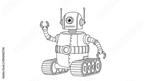 Retro science fiction robot line art drawing on a white background featuring mechanical limbs an antenna head and tank tread wheels for motion.