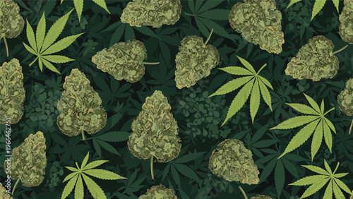 Seamless background pattern of green cannabis leaves and dried marijuana buds for medicinal herb and botanical research themed applications.