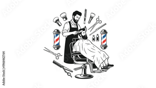 Vintage barbershop scene illustration with a barber cutting a client hair surrounded by grooming equipment like scissors combs and supplies.
