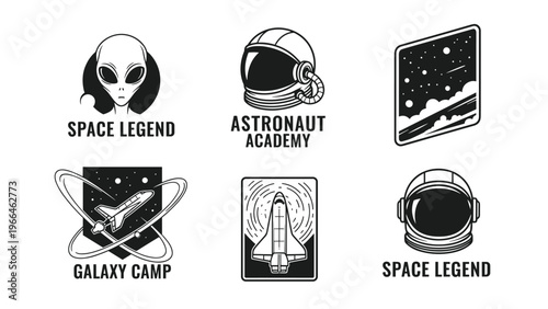 Collection of space themed emblems featuring alien heads astronaut helmets rocket ships and galaxy scenes for galactic exploration camps.