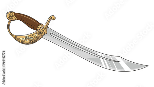 Elegant curved sabre sword with an ornate golden hilt and a polished steel blade isolated on a white background for historical weapons.