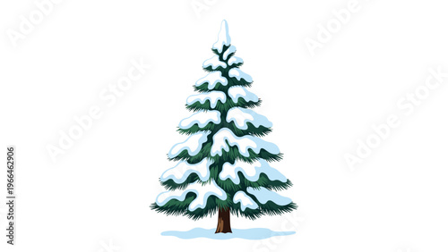 Isolated illustration of a green evergreen pine tree heavily covered in white snow on a clean white background for winter holiday designs.