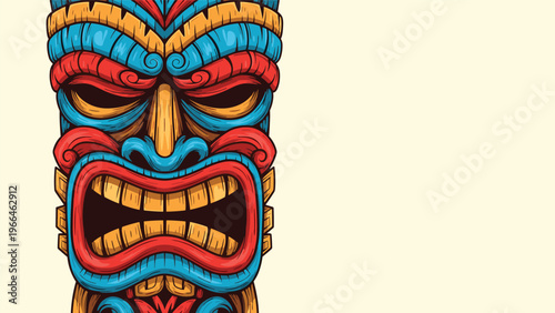 Close up illustration of a traditional wooden tiki mask with vibrant blue, red, and yellow colors and an expressive carved face for party themes.