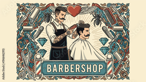 Vintage barbershop poster design featuring a tattooed barber grooming a client surrounded by traditional hair salon tools and decorative elements.