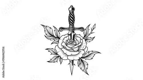 Detailed black and white engraving of a sharp dagger piercing through a blooming rose flower with thorns and leaves for tattoo or emblem use.
