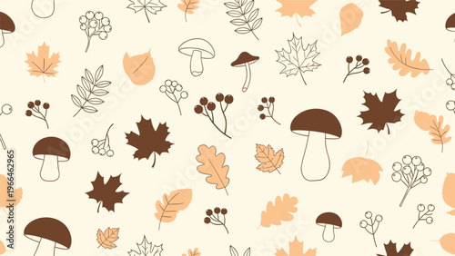 Seamless autumn pattern featuring falling orange and brown leaves, forest mushrooms, and clusters of berries on a soft beige background.