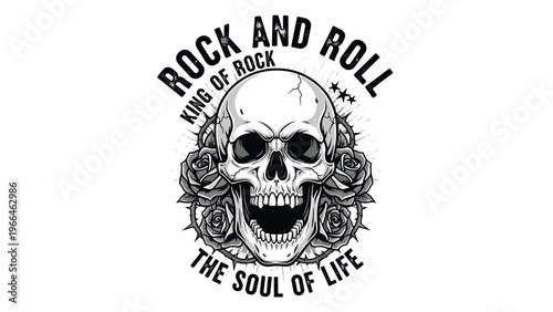 Rock and roll themed graphic emblem featuring a human skull surrounded by roses and thorns with text reading king of rock and soul of life.
