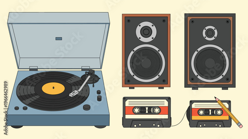 Collection of vintage audio equipment featuring a vinyl turntable record player, wood grain speakers, and cassette tapes with a pencil.