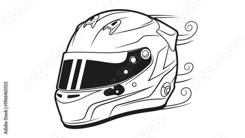 Simple line drawing of a modern motorcycle racing helmet with wind speed lines indicating motion and aerodynamics on a white background.