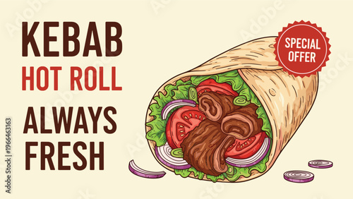 Promotional advertisement for a kebab hot roll featuring a detailed illustration of a wrap filled with meat, tomatoes, and lettuce.