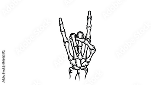 Skeletal hand showing the rock on heavy metal sign with the index and pinky fingers raised in a classic gesture of musical subculture.
