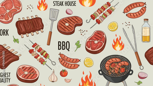 Detailed seamless pattern of various grilled meats including steak, ribs, sausages, and kebabs alongside barbecue tools and fresh vegetables.