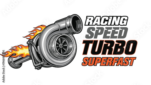 High speed racing logo featuring a powerful chrome turbocharger engulfed in orange flames with bold typography for automotive performance branding.