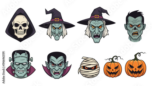 Set of eight spooky halloween character heads including witches, vampires, a mummy, pumpkins, and a zombie in a colorful cartoon style.