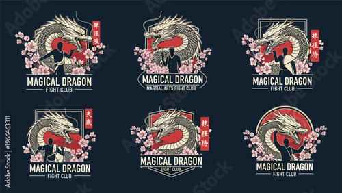 Set of six martial arts fight club logos featuring a dragon illustration, cherry blossoms, and silhouettes of fighters in various action poses.