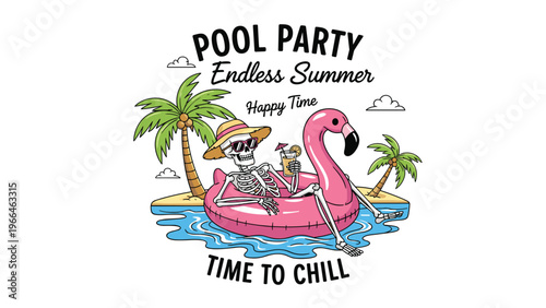 Fun summer illustration of a skeleton wearing sunglasses and a sun hat while relaxing on a flamingo floatie in the pool with a tropical drink.